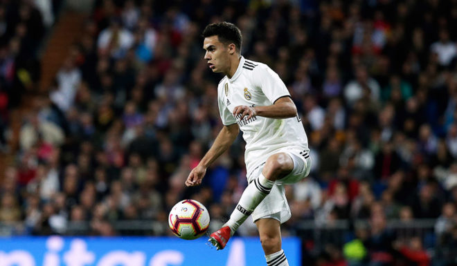 MADRID, SPAIN - MARCH 02: Sergio Reguilon of Real Madrid CF controls the ball during the La Liga match between Real Madrid CF and FC Barcelona at Estadio Santiago Bernabeu on March 02, 2019 in Madrid, Spain. (Photo by Gonzalo Arroyo Moreno/Getty Images)