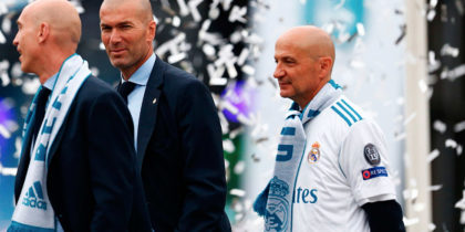 (FromL) Real Madrid's assistant coaches Amidou Msaidie, assistant coach David Bettoni, Real Madrid's French coach Zinedine Zidane, and Antonio Pintus celebrate at Cibeles square in Madrid on May 27, 2018 after Real Madrid won their third Champions League title in a row in Kiev. (Photo by BENJAMIN CREMEL / AFP) (Photo credit should read BENJAMIN CREMEL/AFP/Getty Images)