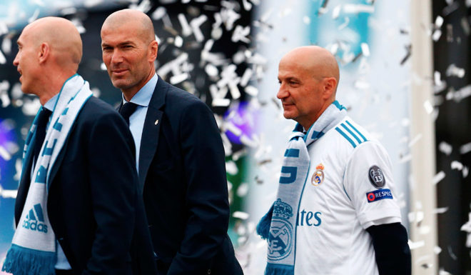 (FromL) Real Madrid's assistant coaches Amidou Msaidie, assistant coach David Bettoni, Real Madrid's French coach Zinedine Zidane, and Antonio Pintus celebrate at Cibeles square in Madrid on May 27, 2018 after Real Madrid won their third Champions League title in a row in Kiev. (Photo by BENJAMIN CREMEL / AFP) (Photo credit should read BENJAMIN CREMEL/AFP/Getty Images)