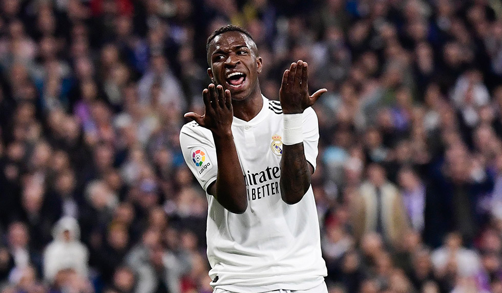 Real Madrid's Brazilian forward Vinicius Junior reacts during the Spanish league football match between Real Madrid CF and FC Barcelona at the Santiago Bernabeu stadium in Madrid on March 2, 2019. (Photo by JAVIER SORIANO / AFP) (Photo credit should read JAVIER SORIANO/AFP/Getty Images)