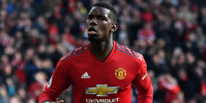 Manchester United's French midfielder Paul Pogba celebrates after he scores the team's first goal during the English Premier League football match between Manchester United and West Ham United at Old Trafford in Manchester, north west England, on April 13, 2019. (Photo by Paul ELLIS / AFP) / RESTRICTED TO EDITORIAL USE. No use with unauthorized audio, video, data, fixture lists, club/league logos or 'live' services. Online in-match use limited to 120 images. An additional 40 images may be used in extra time. No video emulation. Social media in-match use limited to 120 images. An additional 40 images may be used in extra time. No use in betting publications, games or single club/league/player publications. / (Photo credit should read PAUL ELLIS/AFP/Getty Images)