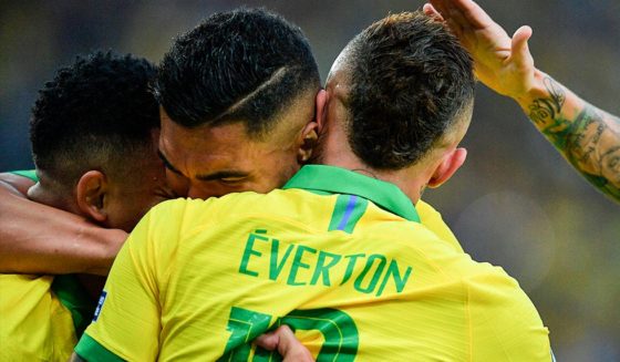 Casemiro Brazil's Everton (R) celebrates with teammates Gabriel Jesus (L) and Casemiro after scoring against Peru during the Copa America football tournament final match at Maracana Stadium in Rio de Janeiro, Brazil, on July 7, 2019. (Photo by Carl DE SOUZA / AFP) (Photo credit should read CARL DE SOUZA/AFP/Getty Images)