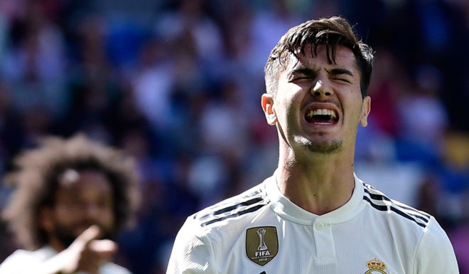 Real Madrid's Spanish midfielder Brahim Diaz reacts to missing a goal opportunity during the Spanish league football match between Real Madrid CF and Villarreal CF at the Santiago Bernabeu stadium in Madrid on May 5, 2019. (Photo by JAVIER SORIANO / AFP) (Photo credit should read JAVIER SORIANO/AFP/Getty Images)