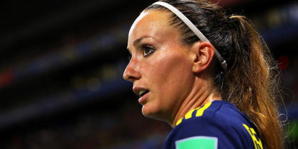 LYON, FRANCE - JULY 03: Kosovare Asllani of Sweden looks on during the 2019 FIFA Women's World Cup France Semi Final match between Netherlands and Sweden at Stade de Lyon on July 03, 2019 in Lyon, France. (Photo by Richard Heathcote/Getty Images )