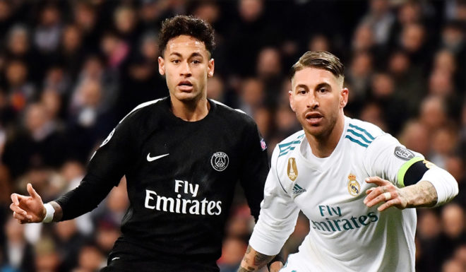 Real Madrid's Spanish defender Sergio Ramos (R) vies with Paris Saint-Germain's Brazilian forward Neymar (C) AS Real Madrid's German midfielder Toni Kroos approaches during the UEFA Champions League round of sixteen first leg football match Real Madrid CF against Paris Saint-Germain (PSG) at the Santiago Bernabeu stadium in Madrid on February 14, 2018. / AFP PHOTO / CHRISTOPHE SIMON (Photo credit should read CHRISTOPHE SIMON/AFP/Getty Images)