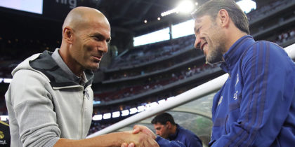 HOUSTON, TEXAS - JULY 20: Niko Kovac, head coach of Bayern Muenchen shake hands with Zinedine Zidane, head coach of Real prior to the International Champions Cup match between Bayern Muenchen and Real Madrid in the 2019 International Champions Cup at NRG Stadium on July 20, 2019 in Houston, Texas. (Photo by Alexander Hassenstein/Bongarts/Getty Images)