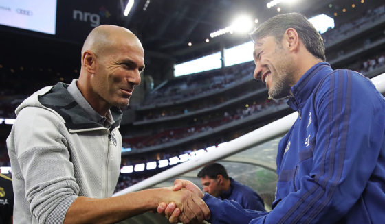 HOUSTON, TEXAS - JULY 20: Niko Kovac, head coach of Bayern Muenchen shake hands with Zinedine Zidane, head coach of Real prior to the International Champions Cup match between Bayern Muenchen and Real Madrid in the 2019 International Champions Cup at NRG Stadium on July 20, 2019 in Houston, Texas. (Photo by Alexander Hassenstein/Bongarts/Getty Images)