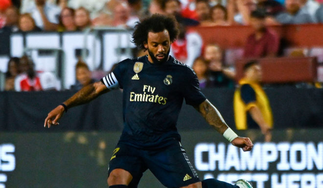 Real Madrid's Brazilian defender Marcelo prepares to hit the ball during the International Champions Cup football match between Real Madrid and Arsenal at FedExField in Landover, Maryland, on July 23, 2019. (Photo by ANDREW CABALLERO-REYNOLDS / AFP) (Photo credit should read ANDREW CABALLERO-REYNOLDS/AFP/Getty Images)