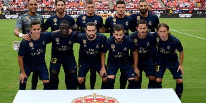 Real Madrid's team pose for pictures ahead of the International Champions Cup football match between Real Madrid and Arsenal at FedExField in Landover, Maryland, on July 23, 2019. (Photo by Jim Watson / AFP) (Photo credit should read JIM WATSON/AFP/Getty Images)