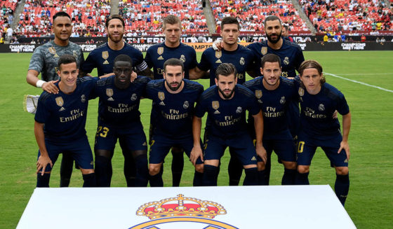 Real Madrid's team pose for pictures ahead of the International Champions Cup football match between Real Madrid and Arsenal at FedExField in Landover, Maryland, on July 23, 2019. (Photo by Jim Watson / AFP) (Photo credit should read JIM WATSON/AFP/Getty Images)