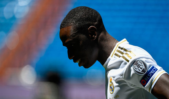 French defender Ferland Mendy looks on during his official presentation as Real Madrid new player at the Santiago Bernabeu stadium in Madrid on June 19, 2019. (Photo by OSCAR DEL POZO / AFP) (Photo credit should read OSCAR DEL POZO/AFP/Getty Images)