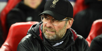 Liverpool's German manager Jurgen Klopp awaits kick off in the UEFA Champions League round of 16, first leg football match between Liverpool and Bayern Munich at Anfield stadium in Liverpool, north-west England on February 19, 2019. (Photo by Oli SCARFF / AFP) (Photo credit should read OLI SCARFF/AFP/Getty Images)