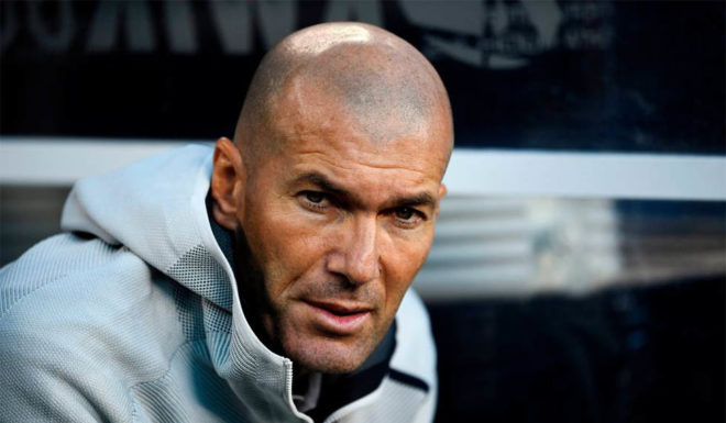 Real Madrid's French headcoach Zinedine Zidane looks on during the 2019 International Champions Cup football match between Real Madrid and Atletico Madrid at the Metlife Stadium Arena in East Rutherford, New Jersey on July 26, 2019. (Photo by Johannes EISELE / AFP) (Photo credit should read JOHANNES EISELE/AFP/Getty Images)