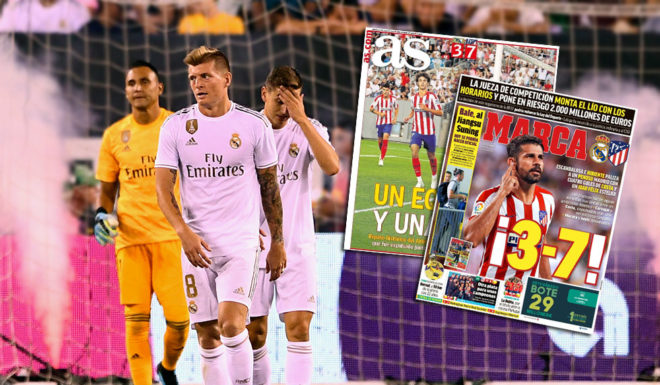 Real Madrid's German midfielder Toni Kroos reacts after the 7th goal from Atletico Madrid during the 2019 International Champions Cup football match between Real Madrid and Atletico Madrid at the Metlife Stadium Arena in East Rutherford, New Jersey on July 26, 2019. (Photo by Johannes EISELE / AFP) (Photo credit should read JOHANNES EISELE/AFP/Getty Images)