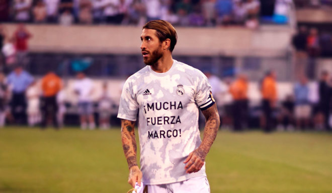 Real Madrid's Sergio Ramos awaits the start of the 2019 International Champions Cup football match between Real Madrid and Atletico Madrid at the Metlife Stadium Arena in East Rutherford, New Jersey on July 26, 2019. (Photo by Johannes EISELE / AFP) (Photo credit should read JOHANNES EISELE/AFP/Getty Images)
