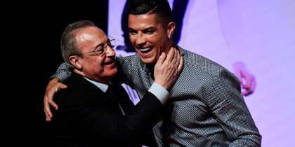 Portugal and Juventus forward Cristiano Ronaldo is congratulated by his former club Real Madrid's president Florentino Perez (L) after receiving the MARCA Leyenda (MARCA Legend) award in Madrid on July 29, 2019. - The award is attributed to sport professionals by the Spanish sports newspaper MARCA. (Photo by JAVIER SORIANO / AFP) (Photo credit should read JAVIER SORIANO/AFP/Getty Images)