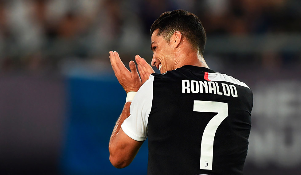 Juventus's Cristiano Ronaldo gestures during the International Champions Cup football tournament at the Nanjing Olympic Sport Center in Nanjing in China's Jiangsu province on July 24, 2019. (Photo by HECTOR RETAMAL / AFP) (Photo credit should read HECTOR RETAMAL/AFP/Getty Images)