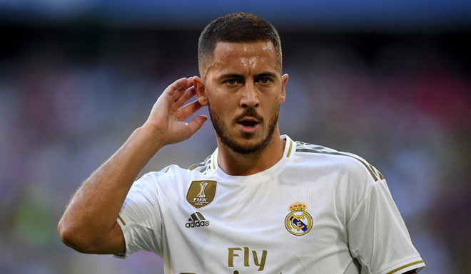 MUNICH, GERMANY - JULY 30: Eden Hazard of Madrid looks on during the Audi Cup 2019 semi final match between Real Madrid and Tottenham Hotspur at Allianz Arena on July 30, 2019 in Munich, Germany. (Photo by Matthias Hangst/Bongarts/Getty Images)