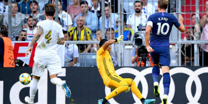 MUNICH, GERMANY - JULY 30: Harry Kane of Tottenham scores the opening goal during the Audi Cup 2019 semi final match between Real Madrid and Tottenham Hotspur at Allianz Arena on July 30, 2019 in Munich, Germany. (Photo by Matthias Hangst/Bongarts/Getty Images)