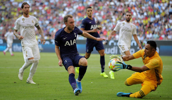 MUNICH, GERMANY - JULY 30: Keylor Navas, goalkeeper of Madrid makes a save on Christian Dannen Eriksen of Tottenham during the Audi Cup 2019 semi final match between Real Madrid and Tottenham Hotspur at Allianz Arena on July 30, 2019 in Munich, Germany. (Photo by Adam Pretty/Bongarts/Getty Images)