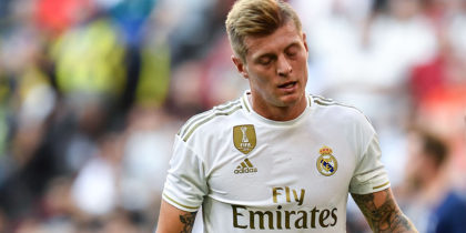 Real Madrid's German midfielder Toni Kroos reacts during the Audi Cup football match between Real Madrid and Tottenham Hotspur in Munich, on July 30, 2019. (Photo by Christof STACHE / AFP) (Photo credit should read CHRISTOF STACHE/AFP/Getty Images)