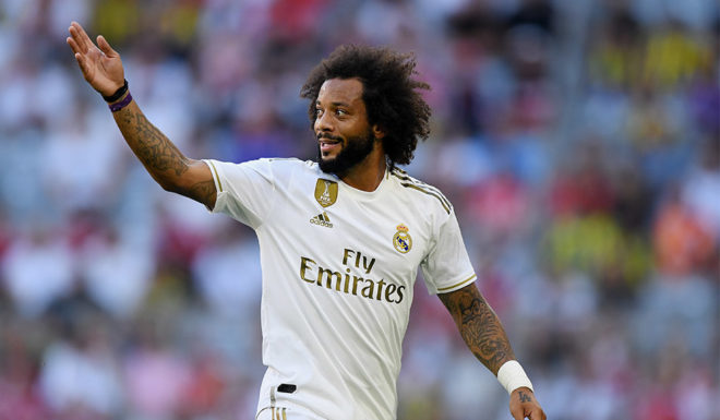 MUNICH, GERMANY - JULY 30: Marcelo Vieira of Real Madrid gestures during the Audi cup 2019 semi final match between Real Madrid and Tottenham Hotspur at Allianz Arena on July 30, 2019 in Munich, Germany. (Photo by Matthias Hangst/Bongarts/Getty Images)