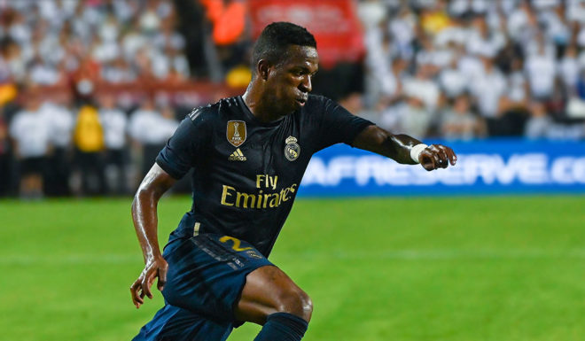 Real Madrid's Brazilian forward Vinicius Junior controls the ball during the International Champions Cup football match between Real Madrid and Arsenal at FedExField in Landover, Maryland, on July 23, 2019. (Photo by ANDREW CABALLERO-REYNOLDS / AFP) (Photo credit should read ANDREW CABALLERO-REYNOLDS/AFP/Getty Images)