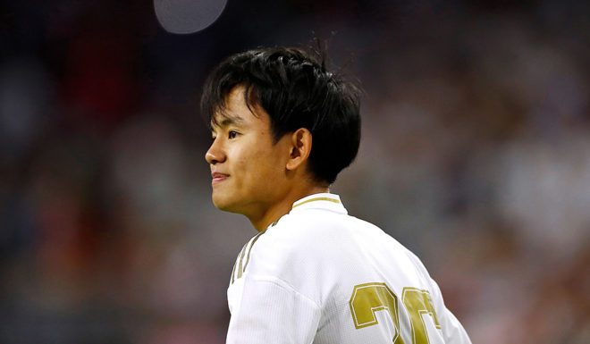 Kubo Real Madrid midfielder Takefusa Kubo looks on against Bayern Munich during their International Champions Cup match on July 20, 2019 at NRG Stadium in Houston, Texas. (Photo by AARON M. SPRECHER / AFP) (Photo credit should read AARON M. SPRECHER/AFP/Getty Images)