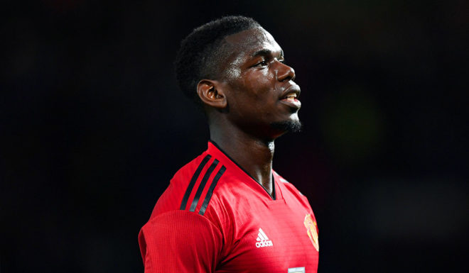 Paul Pogba MANCHESTER, ENGLAND - APRIL 24: Paul Pogba of Manchester United looks on during the Premier League match between Manchester United and Manchester City at Old Trafford on April 24, 2019 in Manchester, United Kingdom. (Photo by Shaun Botterill/Getty Images)