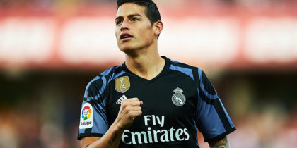 GRANADA, SPAIN - MAY 06: James Rodriguez of Real Madrid CF celebrates after scoring the first goal during the La Liga match between Granada CF v Real Madrid CF at Estadio Nuevo Los Carmenes on May 6, 2017 in Granada, Spain. (Photo by Aitor Alcalde/Getty Images)