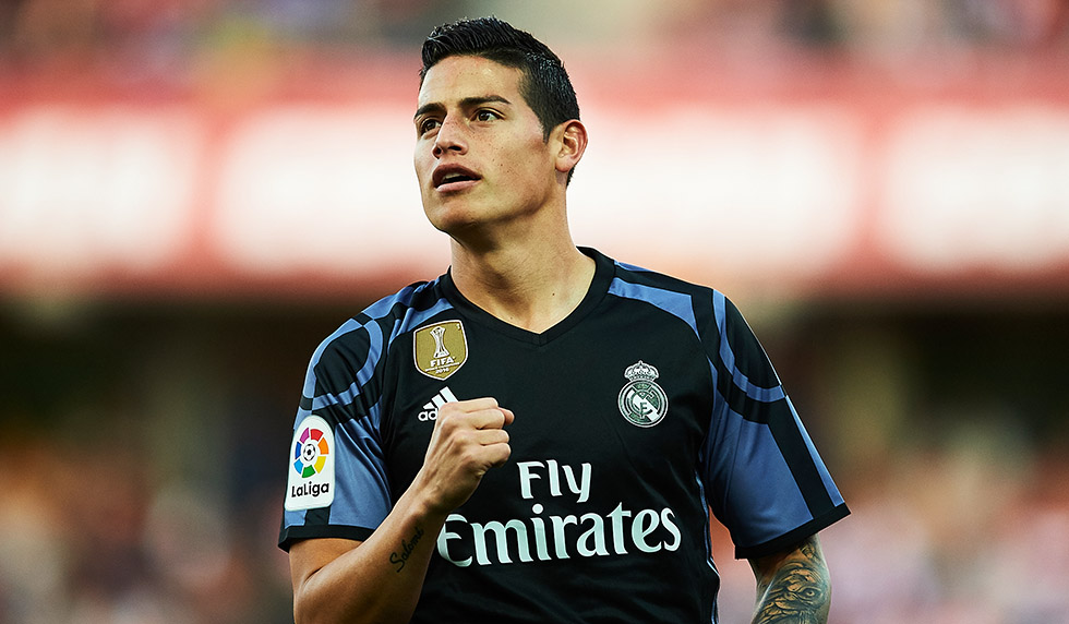 GRANADA, SPAIN - MAY 06: James Rodriguez of Real Madrid CF celebrates after scoring the first goal during the La Liga match between Granada CF v Real Madrid CF at Estadio Nuevo Los Carmenes on May 6, 2017 in Granada, Spain. (Photo by Aitor Alcalde/Getty Images)