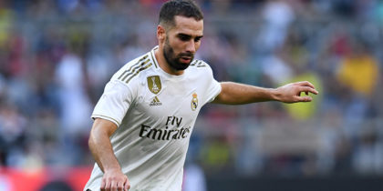 Real Madrid's Spanish defender Dani Carvajal plays the ball during the Audi Cup football match between Real Madrid and Tottenham Hotspur in Munich, southern Germany, on July 30, 2019. (Photo by Christof STACHE / AFP) (Photo credit should read CHRISTOF STACHE/AFP/Getty Images)