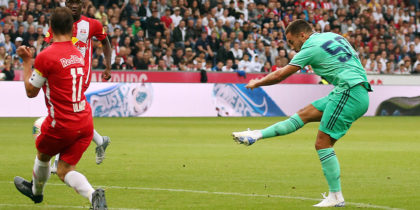 Real Madrid's forward Eden Hazard scores during the pre-Season friendly football match FC Red Bull Salzburg v Real Madrid in Salzburg, Austria on August 7, 2019. (Photo by KRUGFOTO / APA / AFP) / Austria OUT (Photo credit should read KRUGFOTO/AFP/Getty Images)