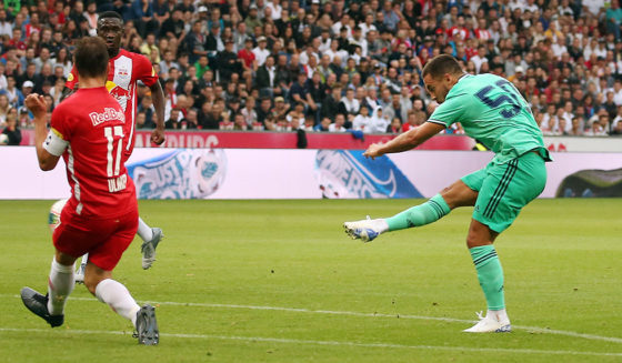 Real Madrid's forward Eden Hazard scores during the pre-Season friendly football match FC Red Bull Salzburg v Real Madrid in Salzburg, Austria on August 7, 2019. (Photo by KRUGFOTO / APA / AFP) / Austria OUT (Photo credit should read KRUGFOTO/AFP/Getty Images)
