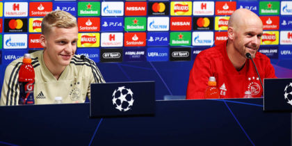 LONDON, ENGLAND - APRIL 29: Donny van de Beek of Ajax and Erik ten Hag, Manager of Ajax speak to the media during a press conference ahead of their UEFA Champions League Semi Final first leg match against Tottenham Hotspur at Tottenham Hotspur Stadium on April 29, 2019 in London, England. (Photo by Julian Finney/Getty Images)