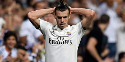 Real Madrid's Welsh forward Gareth Bale reacts during the Spanish league football match between Real Madrid CF and Club Atletico de Madrid at the Santiago Bernabeu stadium in Madrid on September 29, 2018. (Photo by OSCAR DEL POZO / AFP) (Photo credit should read OSCAR DEL POZO/AFP/Getty Images)