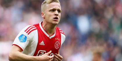 AMSTERDAM, NETHERLANDS - MAY 12: Donny van de Beek of Ajax celebrates scoring his teams second goal of the game during the Dutch Eredivisie match between Ajax and Utrecht at Johan Cruyff Arena on May 12, 2019 in Amsterdam, Netherlands. (Photo by Dean Mouhtaropoulos/Getty Images)