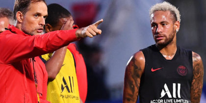 Paris Saint-Germain's German head coach Thomas Tuchel (L) speaks with Paris Saint-Germain's Brazilian forward Neymar (C) during a training session in Shenzhen on August 1, 2019, ahead of the French Trophy of Champions football match between Rennes and Paris Saint-Germain. (Photo by FRANCK FIFE / AFP) (Photo credit should read FRANCK FIFE/AFP/Getty Images)