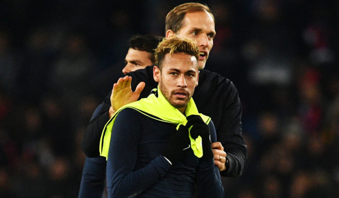 Thomas Tuchel, Neymar Jr. Paris Saint-Germain's Brazilian forward Neymar (front) is congratulated by Paris Saint-Germain's German coach Thomas Tuchel (R) at the end of the French L1 football match between Paris Saint-Germain (PSG) and Lille (LOSC) at the Parc des Princes stadium, in Paris, November 2, 2018. (Photo by FRANCK FIFE / AFP) (Photo credit should read FRANCK FIFE/AFP/Getty Images)