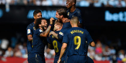 VIGO, SPAIN - AUGUST 17: Players of Real Madrid celebrate after Toni Kroos scores the second goal during the Liga match between RC Celta de Vigo and Real Madrid CF at Abanca-Balaídos on August 17, 2019 in Vigo, Spain. (Photo by Octavio Passos/Getty Images)
