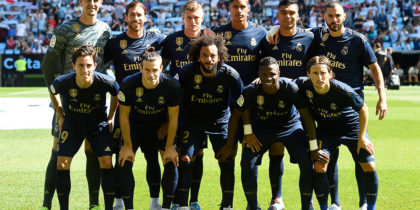 (Back L-R) Real Madrid's Belgian goalkeeper Thibaut Courtois, Real Madrid's Spanish defender Sergio Ramos, Real Madrid's German midfielder Toni Kroos, Real Madrid's French defender Raphael Varane, Real Madrid's Brazilian midfielder Casemiro, Real Madrid's French forward Karim Benzema, (L-R) Real Madrid's Spanish defender Alvaro Odriozola, Real Madrid's Welsh forward Gareth Bale, Real Madrid's Brazilian defender Marcelo, Real Madrid's Brazilian forward Vinicius Junior and Real Madrid's Croatian midfielder Luka Modric pose for a group picture before the Spanish League football match between Celta Vigo and Real Madrid at the Balaidos Stadium in Vigo on August 17, 2019. (Photo by MIGUEL RIOPA / AFP) (Photo credit should read MIGUEL RIOPA/AFP/Getty Images)