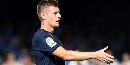 VIGO, SPAIN - AUGUST 17: Toni Kroos of Real Madrid (L) celebrates after he scores the second goal during the Liga match between RC Celta de Vigo and Real Madrid CF at Abanca-Balaídos on August 17, 2019 in Vigo, Spain. (Photo by Octavio Passos/Getty Images)