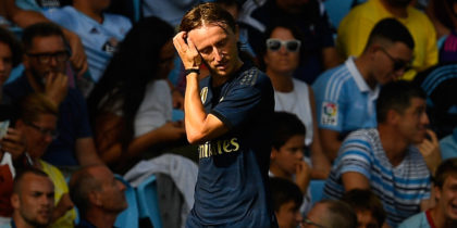 VIGO, SPAIN - AUGUST 17: Luka Modric of Real Madrid leaves the pitch after receiving a red card during the Liga match between RC Celta de Vigo and Real Madrid CF at Abanca-Balaídos on August 17, 2019 in Vigo, Spain. (Photo by Octavio Passos/Getty Images)