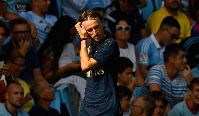 VIGO, SPAIN - AUGUST 17: Luka Modric of Real Madrid leaves the pitch after receiving a red card during the Liga match between RC Celta de Vigo and Real Madrid CF at Abanca-Balaídos on August 17, 2019 in Vigo, Spain. (Photo by Octavio Passos/Getty Images)