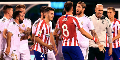 Atletico Madrid's Saul Niguez (4thR) brawls with players from Real Madrid during the 2019 International Champions Cup football match between Real Madrid and Atletico Madrid at the Metlife Stadium Arena in East Rutherford, New Jersey on July 26, 2019. (Photo by Johannes EISELE / AFP) (Photo credit should read JOHANNES EISELE/AFP/Getty Images)