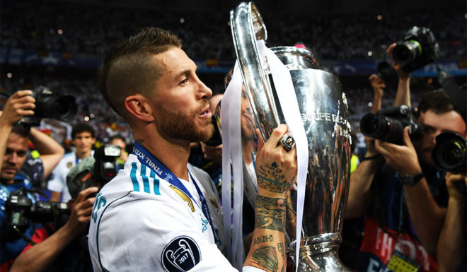 KIEV, UKRAINE - MAY 26: Sergio Ramos of Real Madrid celebrates with the UEFA Champions League Trophy following his sides victory in the UEFA Champions League Final between Real Madrid and Liverpool at NSC Olimpiyskiy Stadium on May 26, 2018 in Kiev, Ukraine. (Photo by Shaun Botterill/Getty Images)