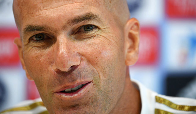 Real Madrid's French coach Zinedine Zidane holds a press conference at the Ciudad Real Madrid training ground in Valdebebas near Madrid on August 23, 2019 ahead of their Spanish League football match against Real Valladolid. (Photo by GABRIEL BOUYS / AFP) (Photo credit should read GABRIEL BOUYS/AFP/Getty Images)