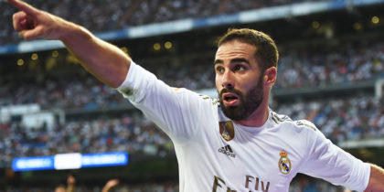MADRID, SPAIN - AUGUST 24: Daniel Carvajal of Real Madrid reacts during the La Liga match between Real Madrid CF and Real Valladolid CF at Estadio Santiago Bernabeu on August 24, 2019 in Madrid, Spain. (Photo by Denis Doyle/Getty Images)