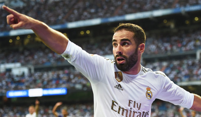 MADRID, SPAIN - AUGUST 24: Daniel Carvajal of Real Madrid reacts during the La Liga match between Real Madrid CF and Real Valladolid CF at Estadio Santiago Bernabeu on August 24, 2019 in Madrid, Spain. (Photo by Denis Doyle/Getty Images)