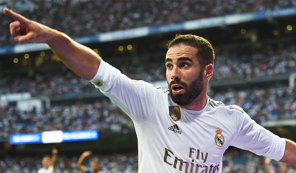 MADRID, SPAIN - AUGUST 24: Daniel Carvajal of Real Madrid reacts during the La Liga match between Real Madrid CF and Real Valladolid CF at Estadio Santiago Bernabeu on August 24, 2019 in Madrid, Spain. (Photo by Denis Doyle/Getty Images)